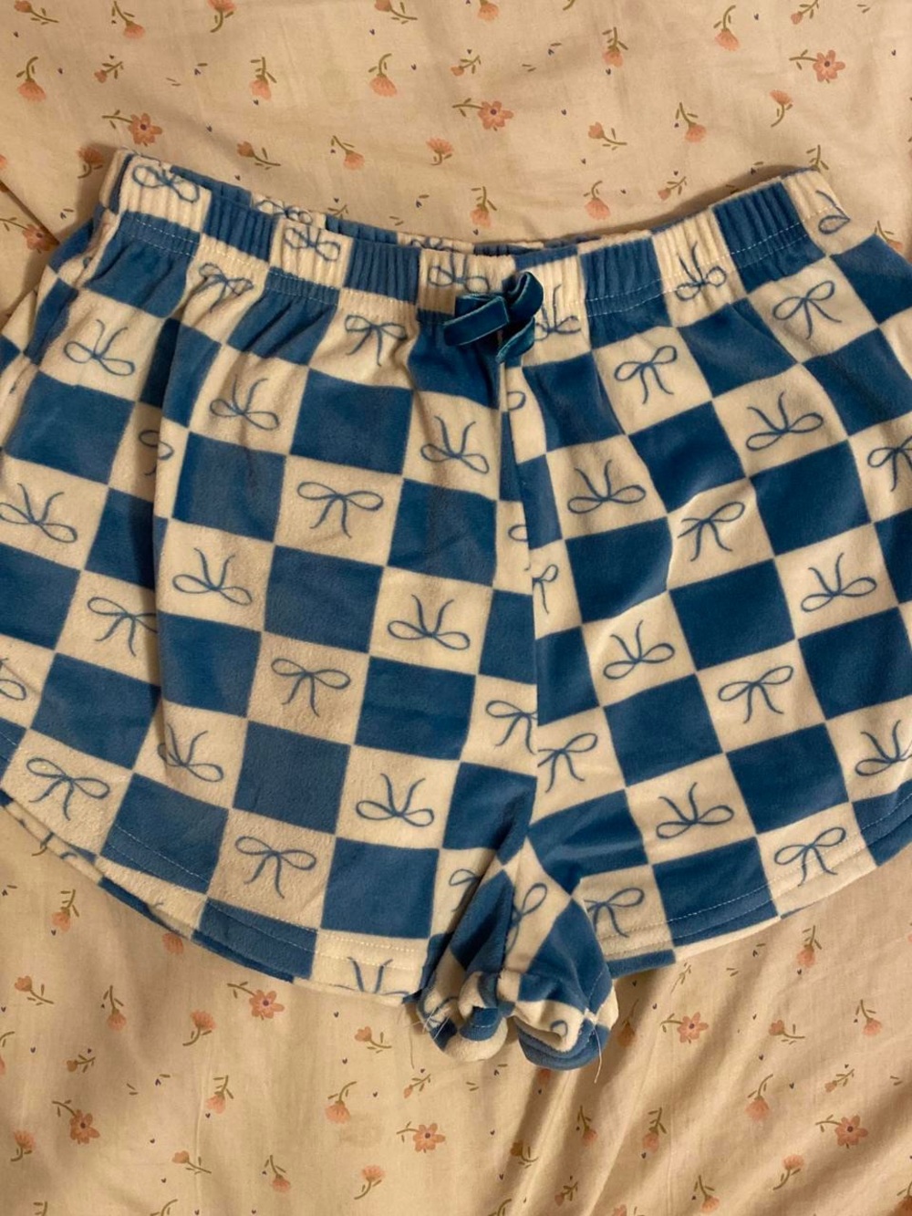 Blue & White Checkerboard Athletic Shorts with Bow Accent
